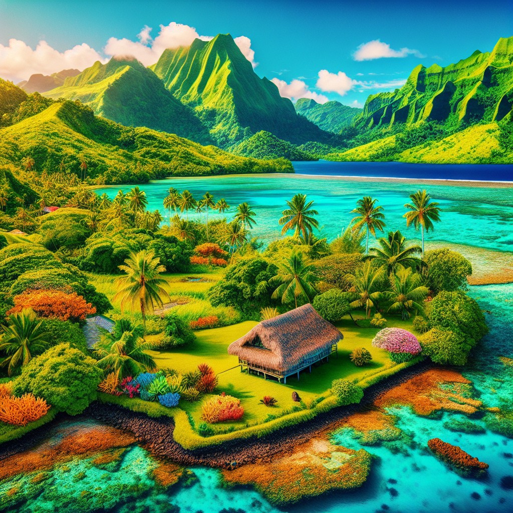 A thatched-roof hut sits amid lush tropical gardens by turquoise waters in American Samoa, surrounded by palm trees and vibrant foliage, with dramatic green mountains rising in the background under a bright blue sky.