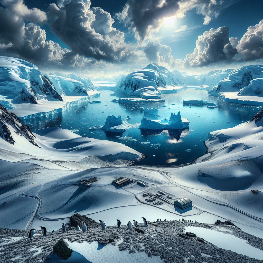 A snowy Antarctic landscape with penguins on a hill, icy mountains, icebergs floating in blue water, and research station buildings below under a dramatic cloudy sky with sunlight breaking through.