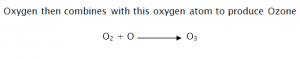 Text says, Oxygen then combines with this oxygen atom to produce Ozone. Below it, the chemical equation O₂ + O → O₃ is shown, illustrating how ozone forms in the atmosphere.