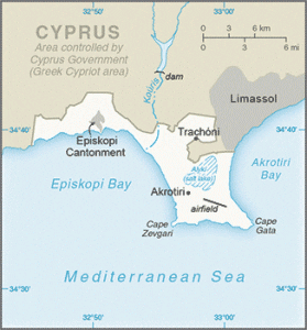 Map of southern Cyprus highlighting Akrotiri, Episkopi Bay, Akrotiri Bay, Limassol, and key landmarks such as reservoirs, airfields, cantonments within the Akrotiri and Dhekelia area. Includes boundaries, coastline, and a distance scale.