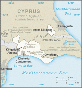 Map of Cyprus showing the UN buffer zone, Turkish Cypriot-administered area, Greek Cypriot-controlled areas, major cities, Akrotiri and Dhekelia bases, lakes, and the Mediterranean Sea to the north, east and south.