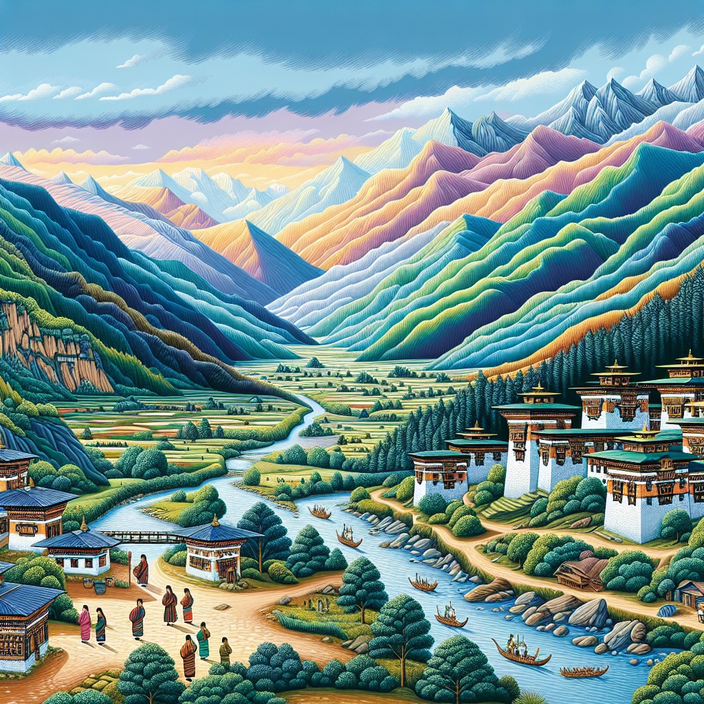 Colourful illustration of a vibrant Bhutan mountain valley with terraced fields, a winding river, villagers in traditional dress, white-walled towers, and distant snow-capped peaks under a dramatic sky.