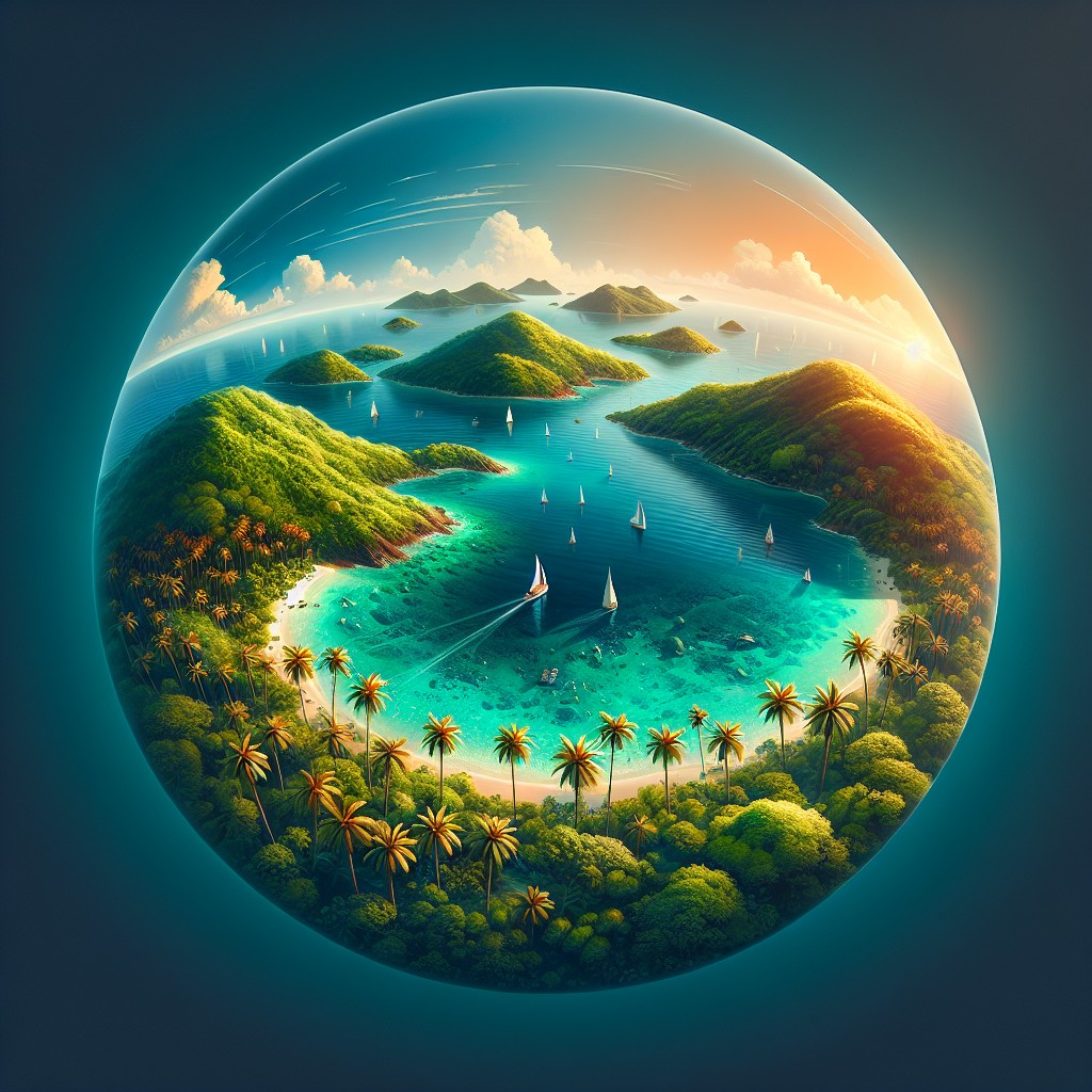 A vibrant, spherical image of the British Virgin Islands lagoon with lush green hills, turquoise water, sailing boats, and a palm-lined beach under a sunny sky with scattered clouds.
