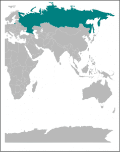 A map highlighting Russia in green, showing its location across eastern Europe and northern Asia, whilst the rest of the countries are shaded grey.