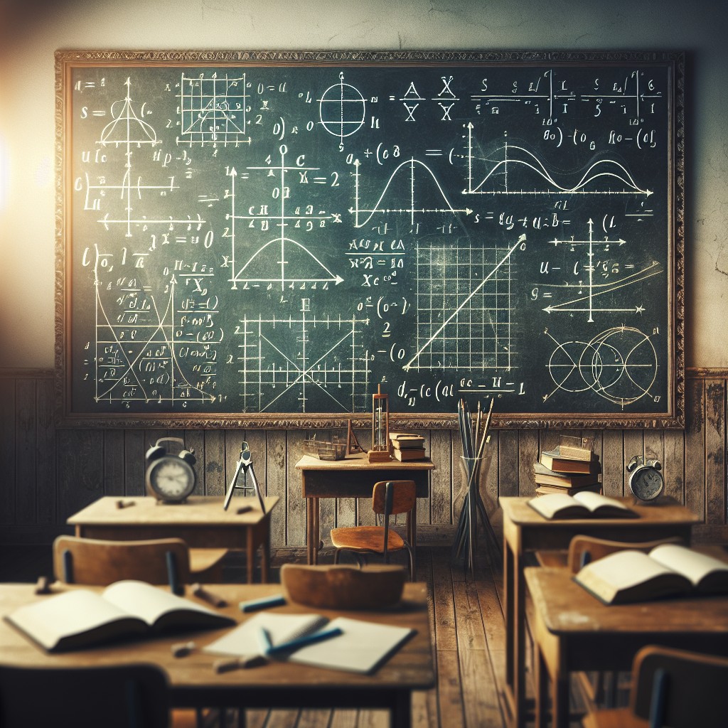 A classroom with wooden desks and open books faces a large blackboard filled with complex mathematical equations, graphs, geometric shapes, and polynomial equations. Sunlight streams in, creating a scholarly atmosphere.