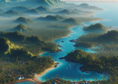 A lush, tropical coastal landscape in Sao Tome and Principe with turquoise water, enchanting islands, forested hills, and scattered buildings along the shore beneath a partly cloudy sky and distant mountain range—one of Africa’s hidden gems.