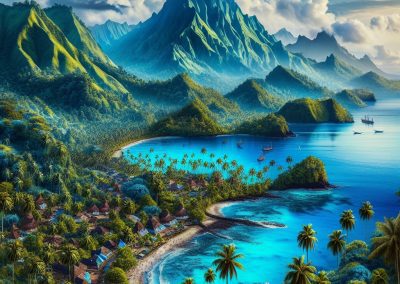 A tropical coastal village with palm trees sits beside turquoise bays and lush green mountains on the enchanting islands of Sao Tome and Principe. Sailing boats dot the vibrant blue water, and dramatic peaks rise under a partly cloudy sky.