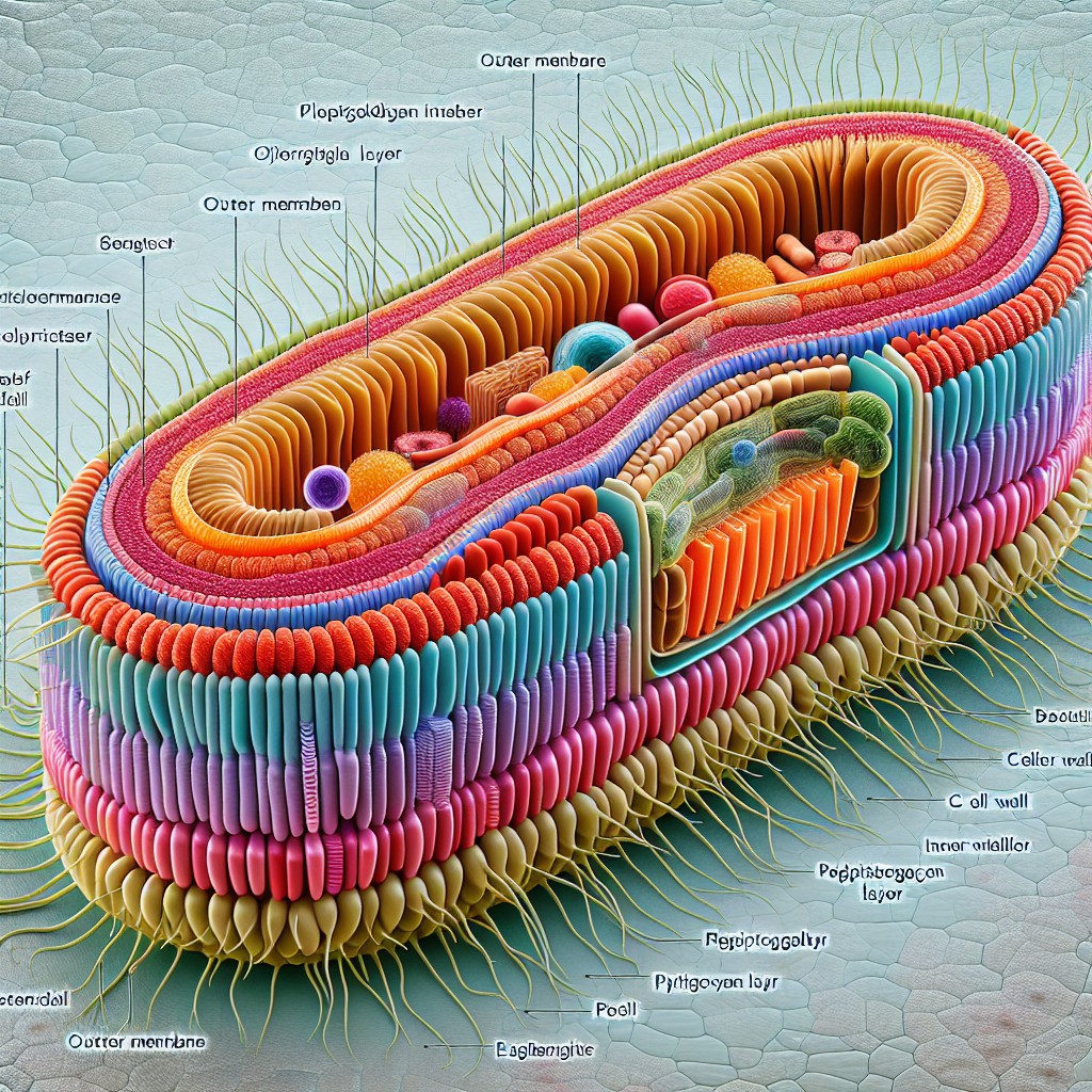 A detailed, labelled 3D illustration of a bacterial cell, highlighting the importance of the bacteria cell wall along with internal and external structures. The colourful cross-section clarifies features vital in the microbial world, like membranes, ribosomes, DNA, and pili.