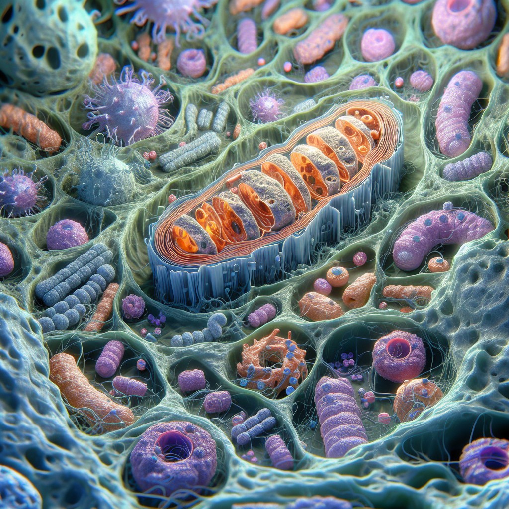 A detailed 3D illustration of a cell’s interior shows a prominent orange mitochondrion surrounded by colourful organelles and filaments within the cytoplasm, capturing the vitality of cells on a vibrant teal background.