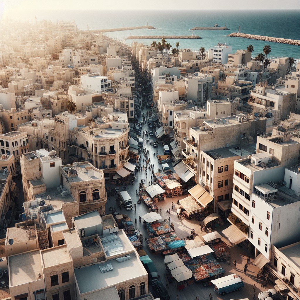 Aerial view of a bustling market street in Gaza, lined with stalls and surrounded by white buildings near the coast, with the blue sea and harbour visible in the background.