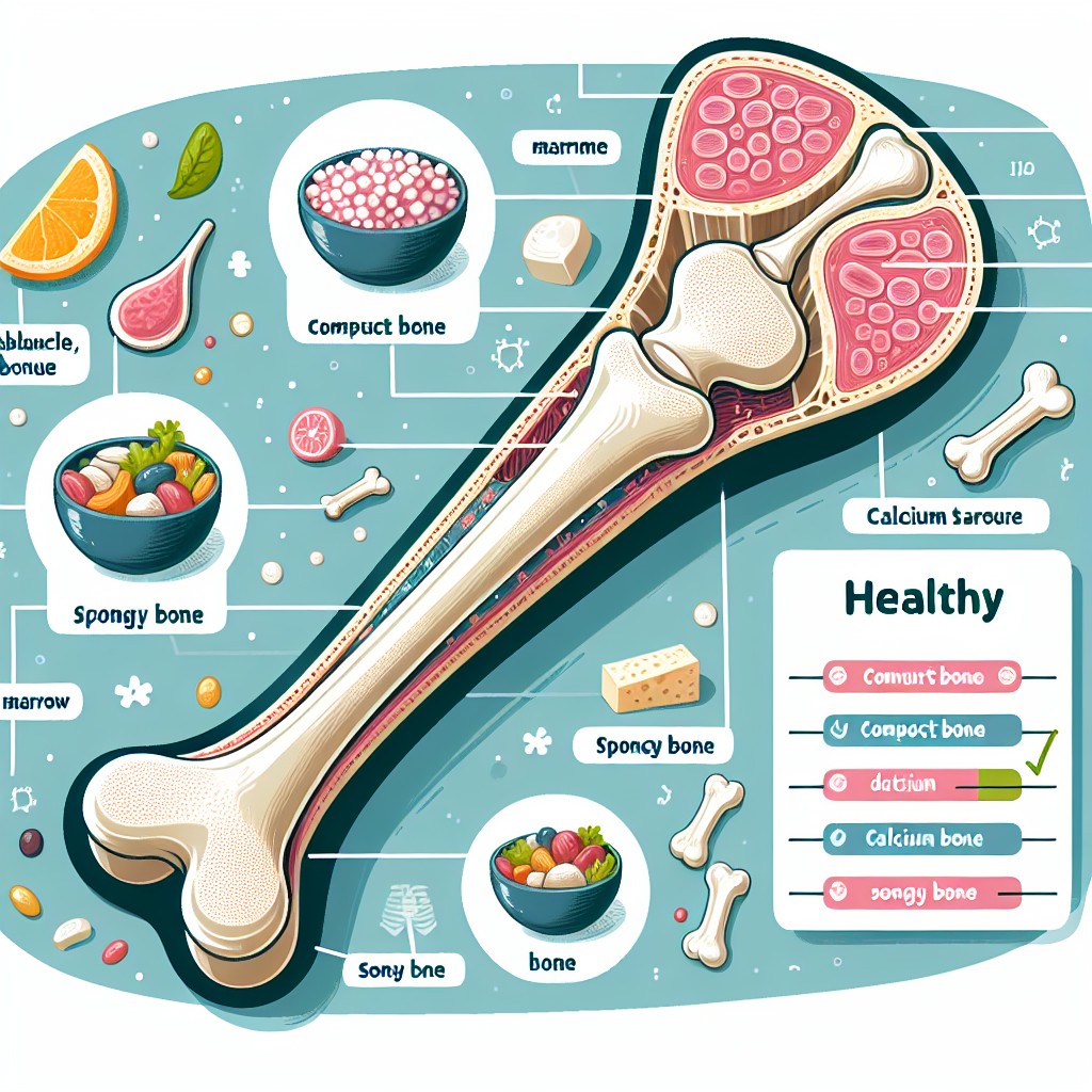 An illustrated bone cross-section shows compact and spongy bone, marrow, and calcium sources like dairy and citrus, with labels explaining healthy bone structure, nutrient sources for strong bones, and the health benefits of magnesium for overall wellbeing.