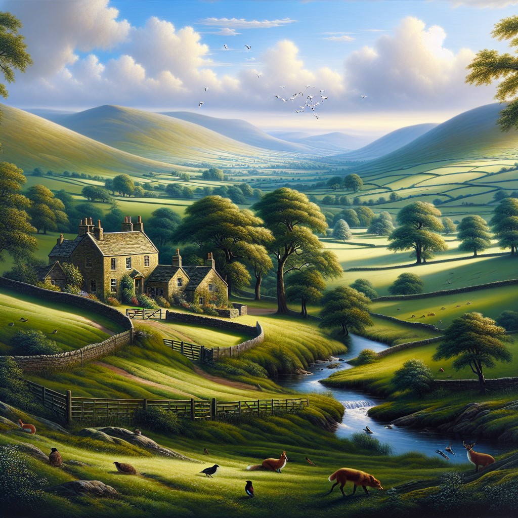 A picturesque Hertfordshire countryside scene with stone cottages, rolling green hills, a winding stream, grazing animals, and birds in the sky beneath a bright, partly cloudy English day.