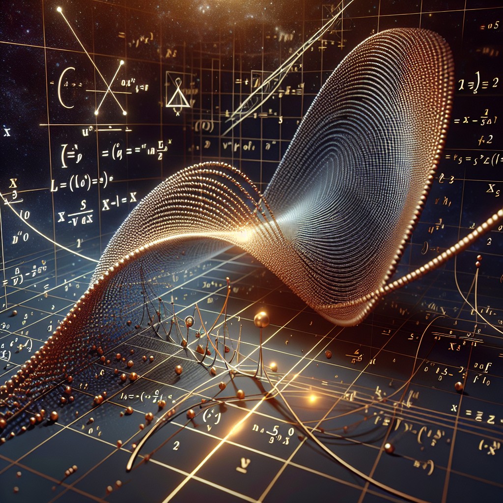 A glowing, dynamic wave made of golden particles flows over a dark grid background covered in mathematical equations, integrals, and geometric diagrams, representing abstract scientific and advanced calculus concepts.
