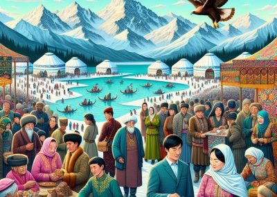 A vibrant market scene in a snowy mountain village of Kazakhstan with yurts, people in colourful traditional clothes, merchants selling goods, boats on a river, and an eagle soaring above under a bright blue sky.