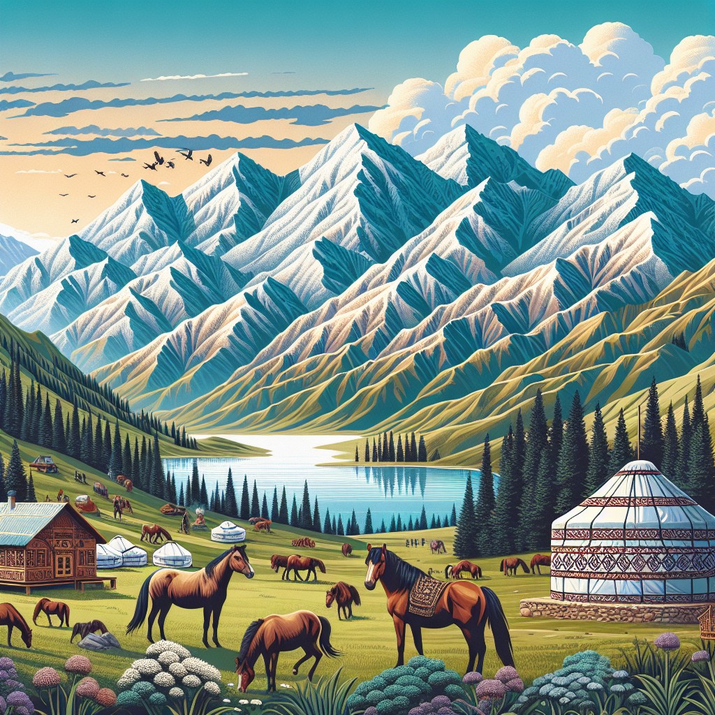 A vibrant valley scene in Kyrgyzstan with snow-capped mountains, a lake, yurts, wooden houses, grazing horses, pine forests, and clear skies dotted with scattered clouds and flying birds.
