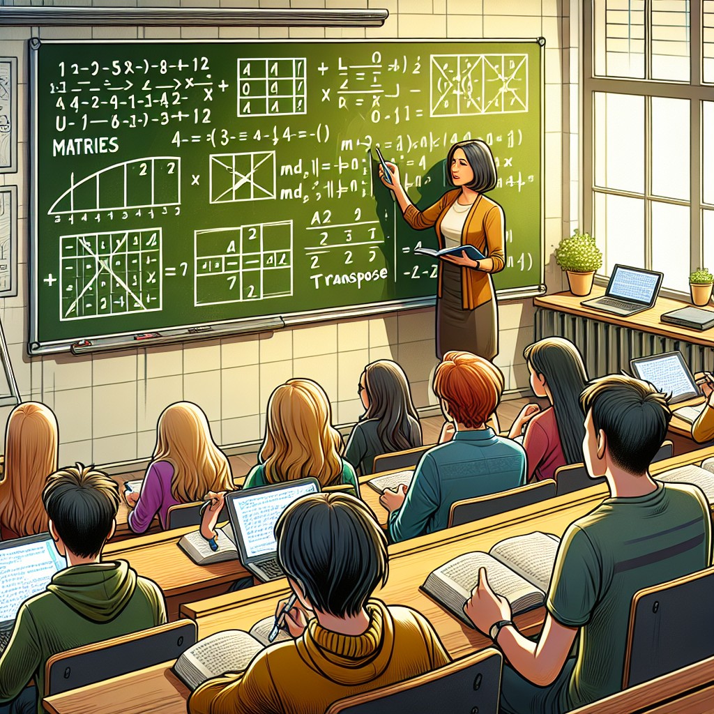 A teacher presents a comprehensive guide to mastering matrices at a blackboard filled with equations, charts, and graphs. Students take notes on laptops and notebooks as sunlight streams in and plants decorate the classroom.