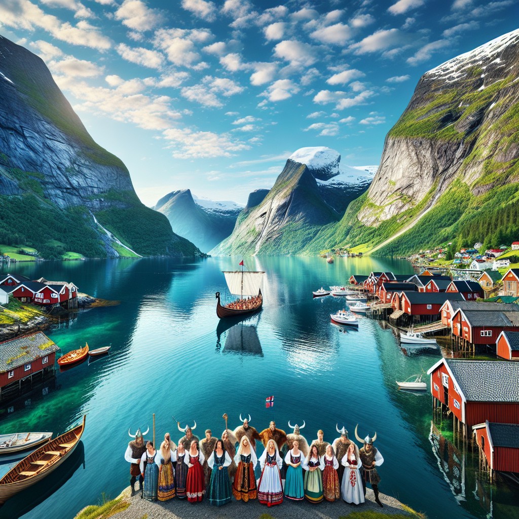 A group in traditional Scandinavian attire and Viking helmets stands by a fjord in Norway, with red cabins, mountains, and a Viking ship on the water under a blue sky with clouds.