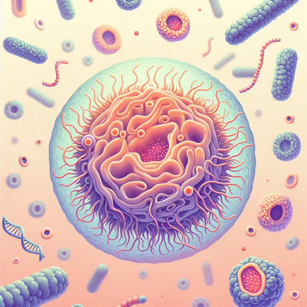 A colourful illustration of a large, detailed cell surrounded by various bacteria, viruses, and bacterial DNA strands, all floating against a gradient pastel background. The scene highlights microscopic life forms in vibrant, stylised detail.