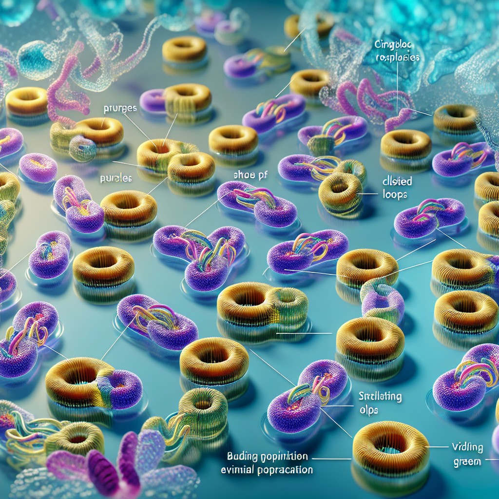 A colourful, microscopic scene shows numerous labelled plasmids and ring-shaped structures in purple, yellow, and green on a blue background, with faint text annotations identifying various formations.
