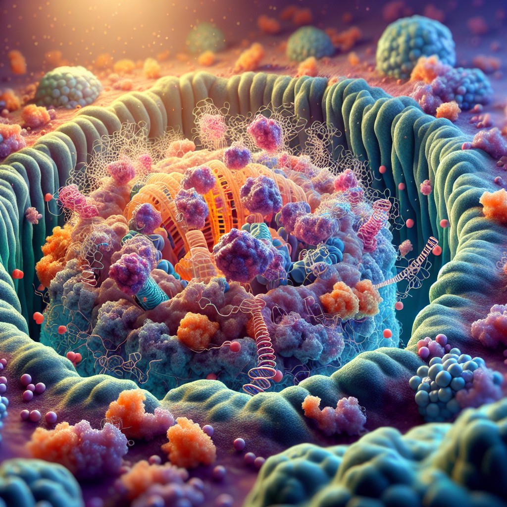 A highly detailed, colourful 3D illustration of a cell structure, showing organelles, ribosomes acting as protein factories, and strands of genetic material inside a membrane—perfect for representing cellular or molecular biology.