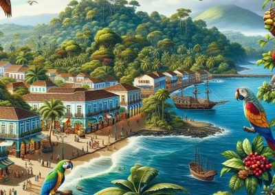 A vibrant tropical seaside town in Sao Tome and Principe, with colourful colonial buildings, lush green hills, palm trees, parrots, sailing ships, and people strolling along a sunlit beachfront street on these enchanting islands.