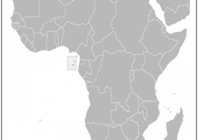 A map of Africa in grey with a light blue highlight marking the enchanting islands of São Tomé and Príncipe off the west coast of Central Africa—one of the continent’s hidden gems.