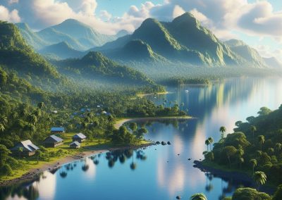 A peaceful tropical village with small houses sits by a calm lake on Sao Tome and Principe, enchanting islands surrounded by lush green hills and tall mountains under a blue sky, all reflected in the clear water. Hidden gems await discovery here.