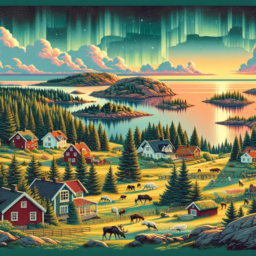 A colourful Scandinavian village scene in Sweden with farms, red and white houses, animals grazing, pine trees, a lake dotted with islands, and the Northern Lights glowing in a vibrant twilight sky.