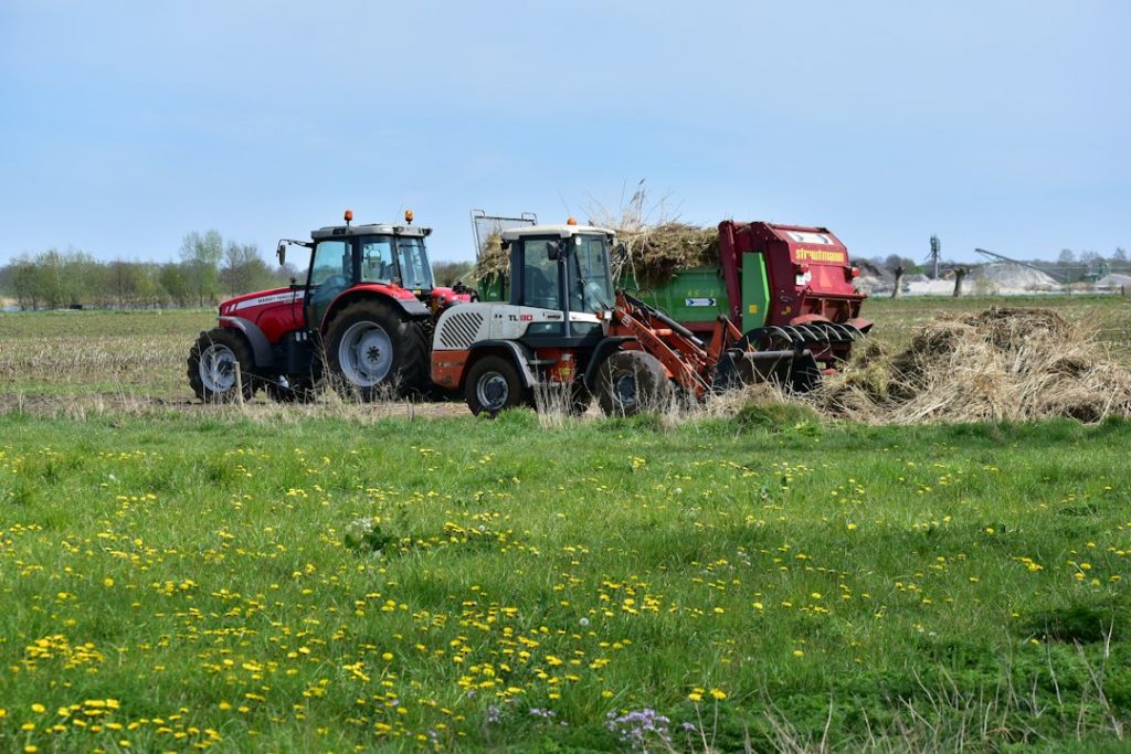 Two tractors work in a grassy field, one with a front loader lifting hay and the other attached to a red and green machine, with piles of dried grass around them on a sunny day.