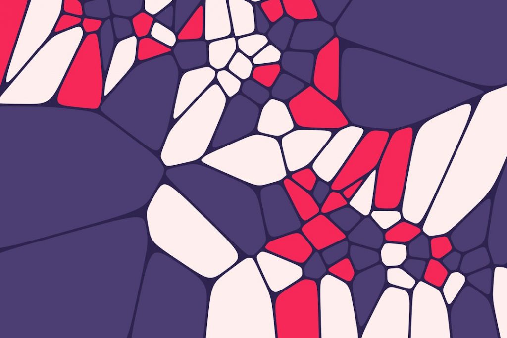 Abstract geometric pattern featuring irregular polygonal shapes in purple, pink, and off-white, arranged in a mosaic style with dark lines separating each section.