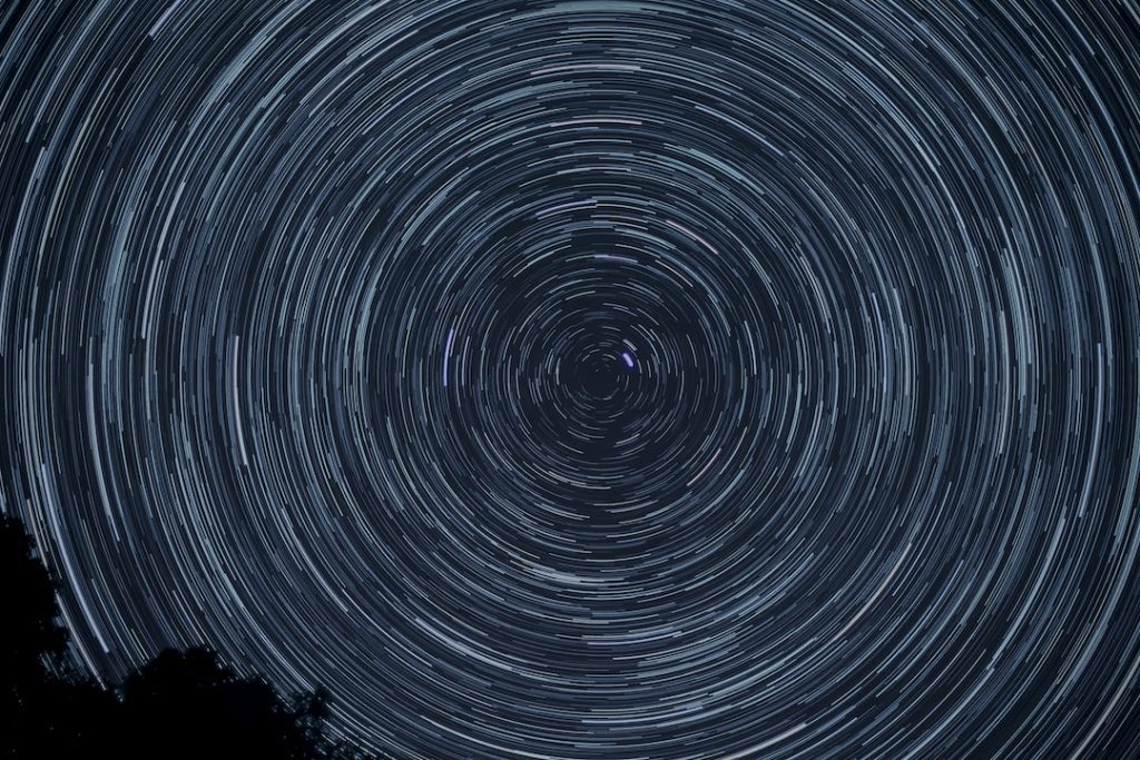 Long-exposure photo of the night sky showing circular star trails around the North Star, with tree silhouettes at the bottom edge of the image.