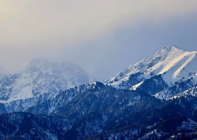 Snow-covered mountain peaks with pine trees on the slopes under a cloudy sky, with sunlight illuminating parts of the mountains in Kazakhstan.