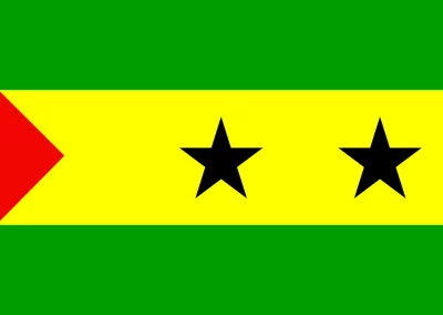 The flag of Sao Tome and Principe, representing these enchanting islands, features horizontal green, yellow, and green stripes with two black stars on the centre yellow stripe and a red triangle on the left side.
