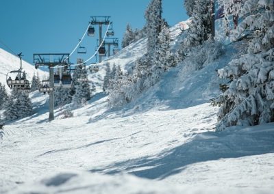 Ski lift chairs glide above a snowy mountain slope lined with snow-covered pine trees in Kazakhstan, under a clear blue sky on a bright winter’s day.