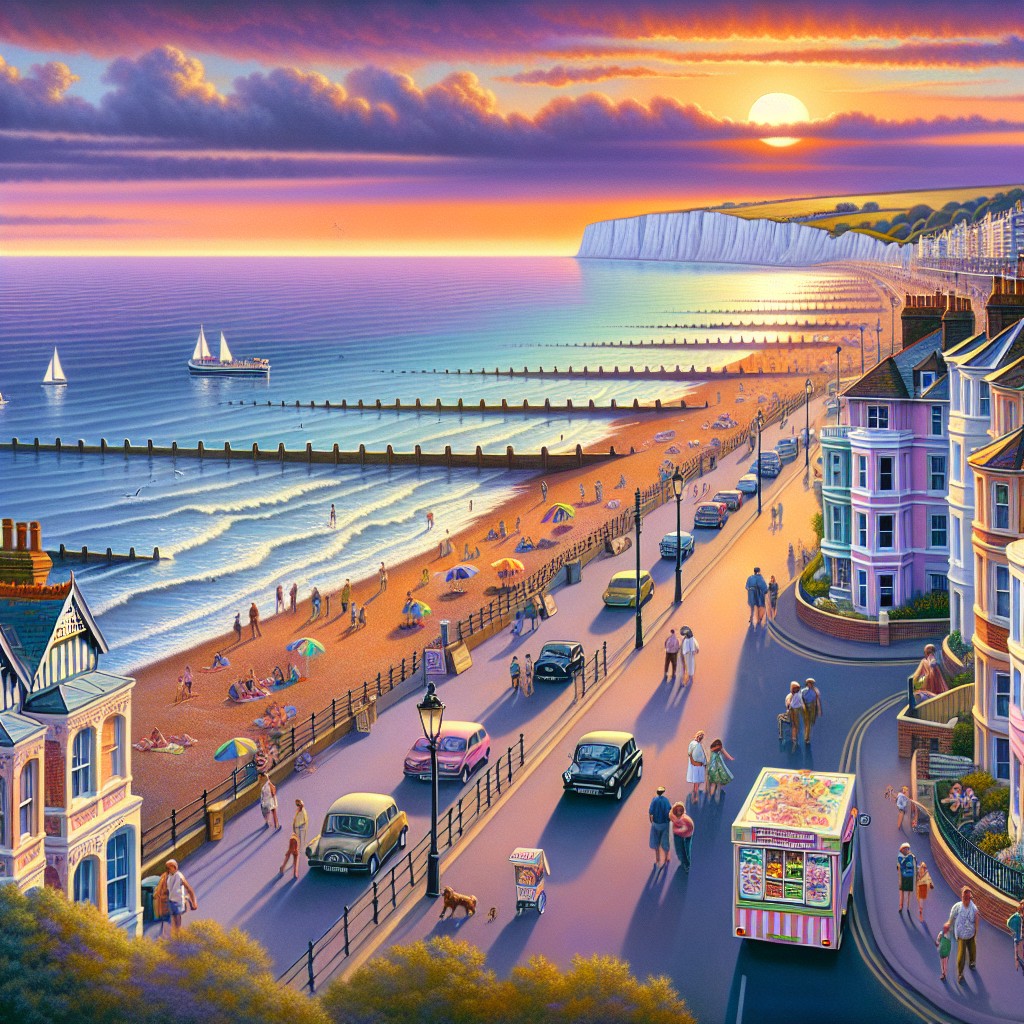 A vibrant seaside scene at sunset in Eastbourne, with people on the beach, colourful umbrellas, vintage cars, and an ice cream van on a coastal road. Sailing boats glide by as East Sussex’s iconic white cliffs rise in the background.