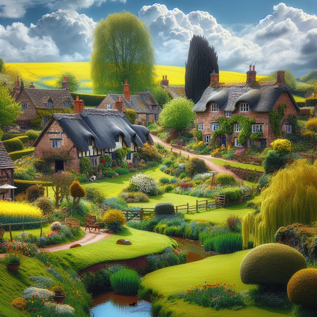 A picturesque Shropshire village scene in England with charming thatched cottages, lush gardens, winding paths, a small stream, and vibrant green fields under a bright, partly cloudy sky.