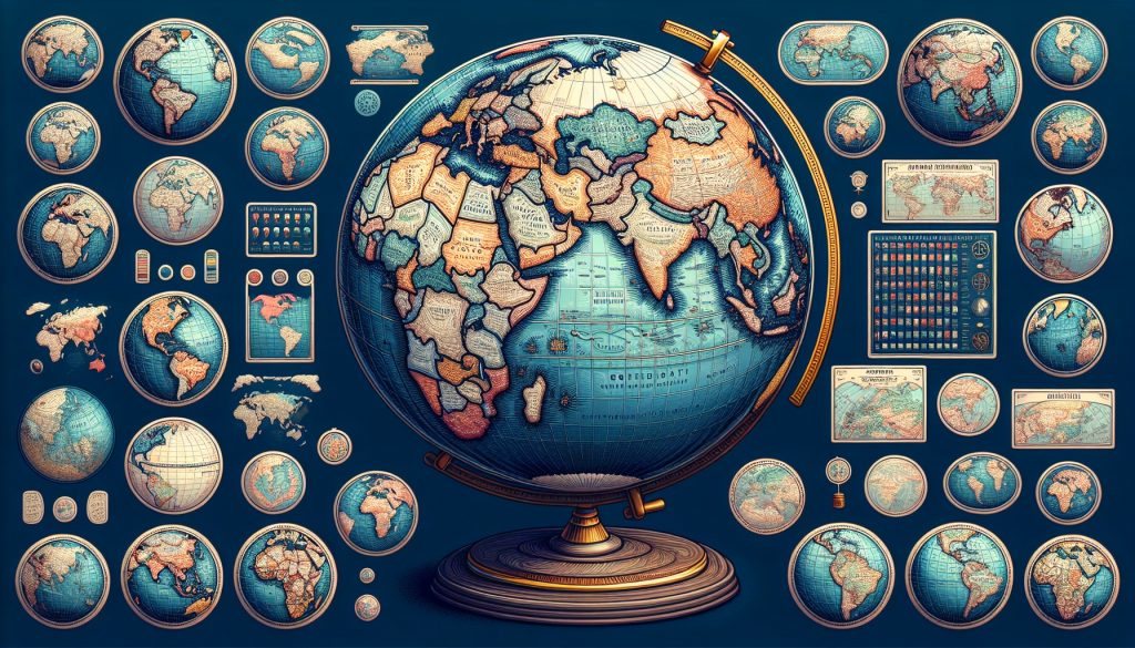 An illustrated vintage-style globe is centred, surrounded by multiple smaller circular world maps and map details, highlighting the Countries of the World and artistic geographic designs on a dark background.