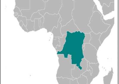 Map of Africa with the Democratic Republic of the Congo highlighted in teal, while the rest of the continent is shown in grey.