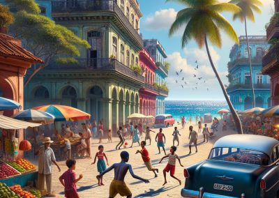 Children play football on a lively, sunlit street near the ocean in Cuba, surrounded by colourful colonial buildings, market stalls filled with fruit, palm trees, a vintage car, and people enjoying a vibrant tropical day.