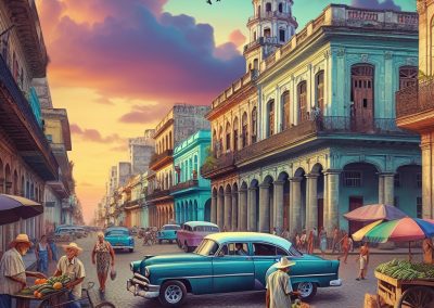 A lively street scene in historic Cuba features colourful vintage cars, colonial buildings, vendors selling fruit, and people walking under a vibrant sky with clouds and birds. The warm, bustling atmosphere captures the spirit of Cuban city life.
