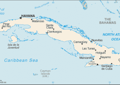 Map of Cuba highlighting major cities such as Havana, Santiago de Cuba, Camagüey, and Guantánamo. Surrounding waters like the Gulf of Mexico, Caribbean Sea, and North Atlantic Ocean are shown, with The Bahamas and Haiti labelled near Cuba.
