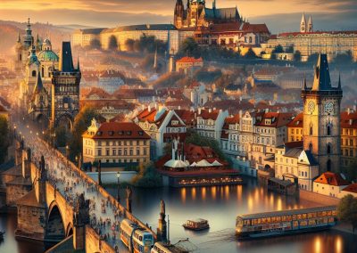 A scenic, sunset view of Prague in the Czech Republic with the Charles Bridge crowded with people, historic buildings, colourful trams, and boats on the river, with Prague Castle and St. Vitus Cathedral in the background.