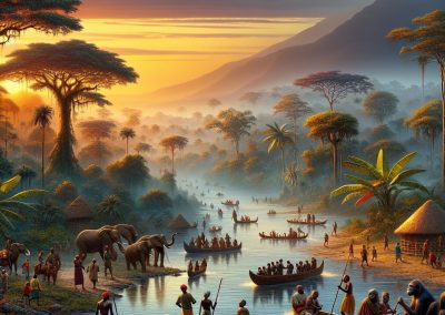 A vibrant riverside village in the Democratic Republic of the Congo at sunset, with people in canoes, elephants on the shore, traditional huts, lush trees, and misty mountains creating a lively scene full of activity.