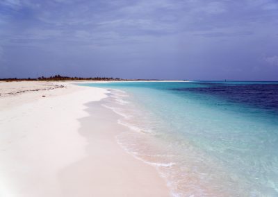 A tranquil Cuban beach scene with white sand, clear turquoise water gently lapping the shore, and a distant line of trees under a partly cloudy sky. The serene beach is empty and peaceful.