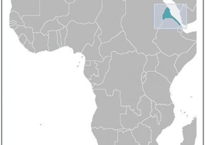 Map of Africa with Eritrea highlighted in teal and a light blue box zooming in on the northeastern region near the Red Sea. The rest of the continent is shown in grey.