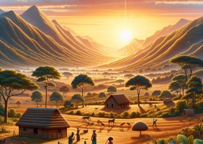 A vibrant sunrise illuminates a lush valley with mountains, fields, and trees in Eswatini. People farm, walk, and interact near rustic huts, creating a peaceful, lively rural scene bathed in warm golden light.