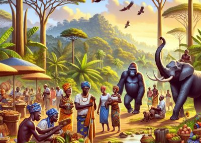 A vibrant African market scene set in a lush Gabon jungle, with people selling fruit and goods, a gorilla and elephant nearby, birds flying overhead, and tropical trees and mountains in the background.
