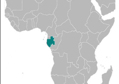 A map of Africa with all countries in grey, except Gabon, which is highlighted in teal to showcase Gabon on the west coast of Central Africa.