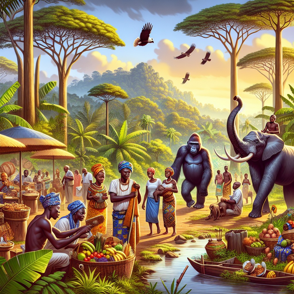 A vibrant African market scene set in a lush Gabon jungle, with people selling fruit and goods, a gorilla and elephant nearby, birds flying overhead, and tropical trees and mountains in the background.