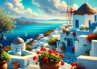 A sunlit Greek village in Greece with white buildings, blue domes, and a windmill overlooks the sea. Bright red flowers and potted plants decorate the stone-paved paths under a clear blue sky with fluffy clouds.